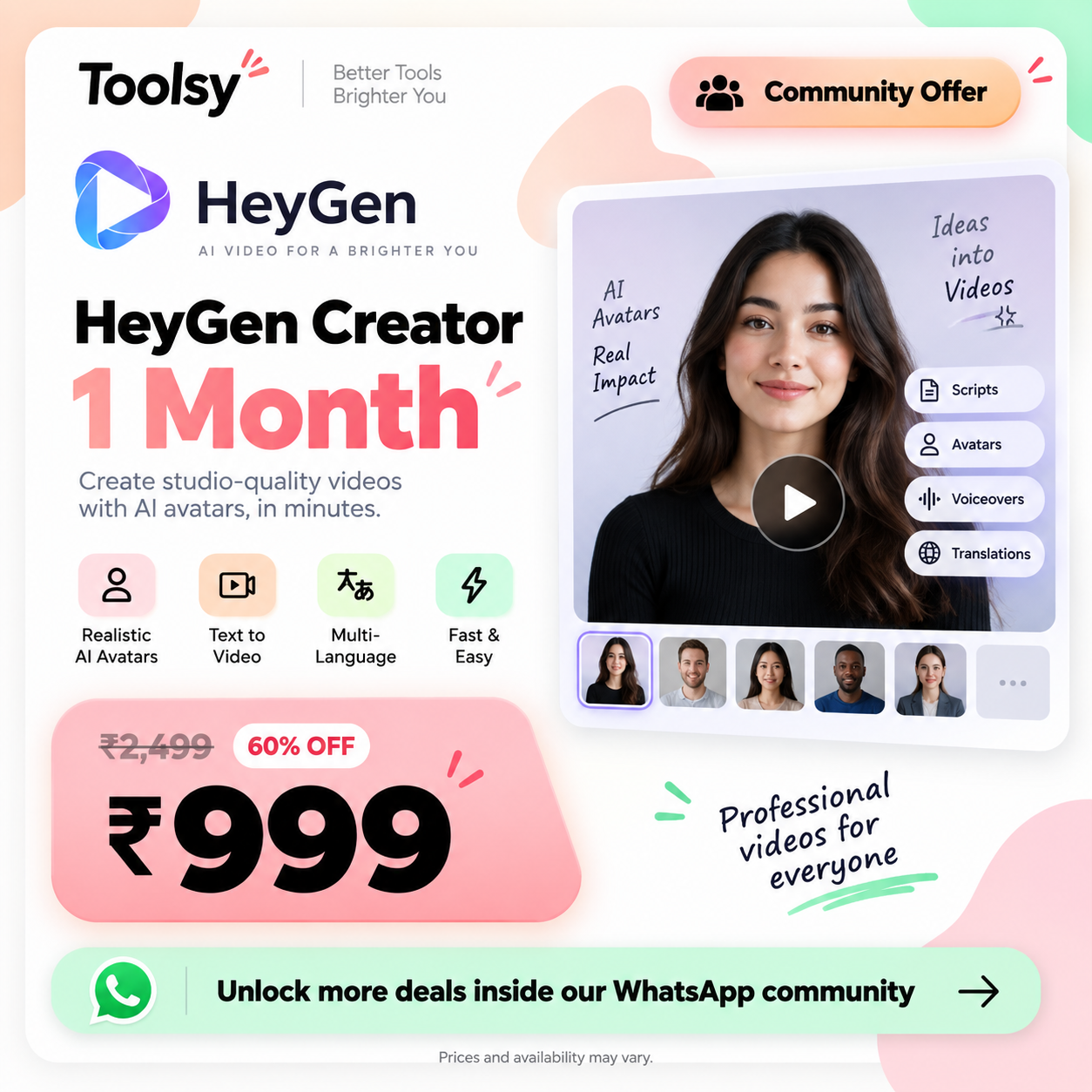 HeyGen Creator — 1 Month Toolsy community offer preview